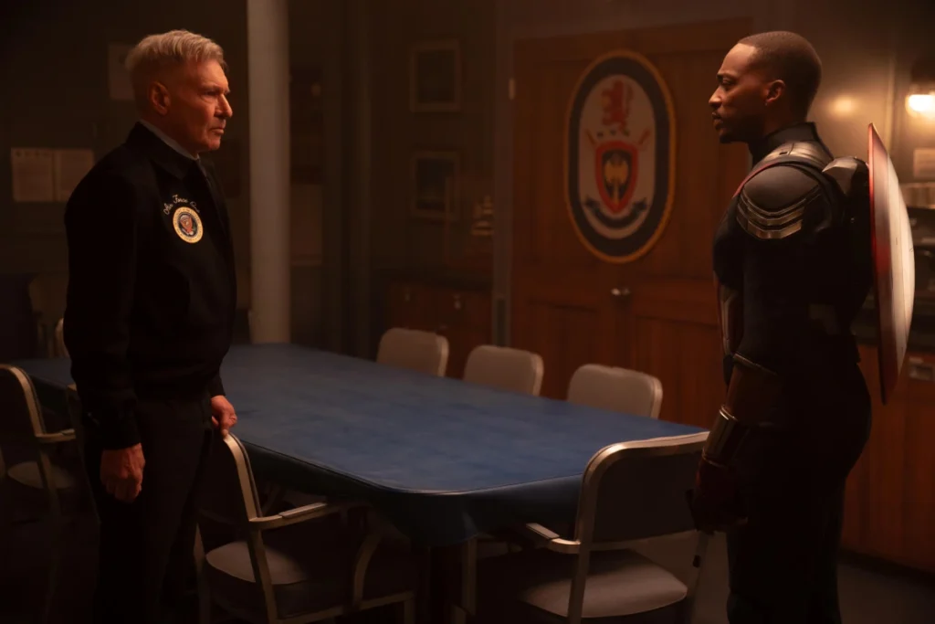 President Thaddeus Ross (Harrison Ford) and Captain America Sam Wilson (Anthony Mackie) in a tense meeting from "Captain America: Brave New World."
