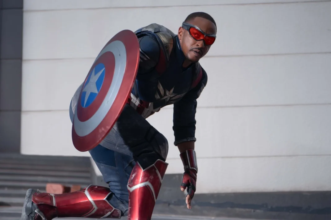 Sam Wilson, the new Captain America, holding his shield and looking determined in 