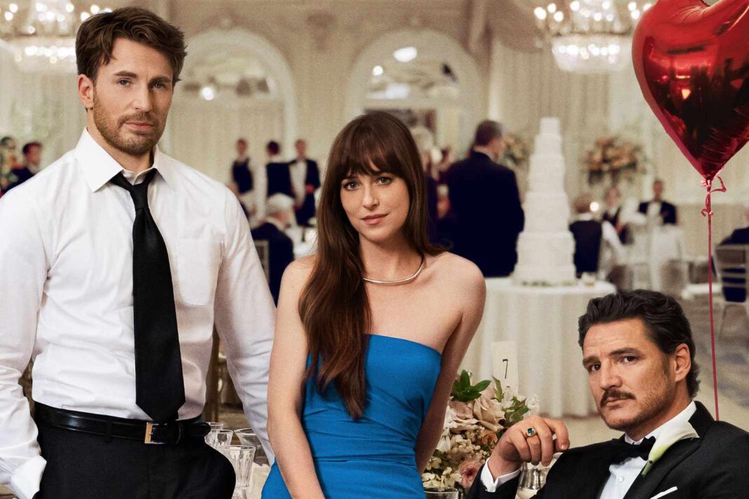 Official poster for the movie Materialists featuring Dakota Johnson, Pedro Pascal, and Chris Evans in a romantic triangle.
