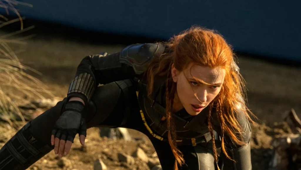 Close-up of Natasha Romanoff in Marvel’s Black Widow film, looking serious.