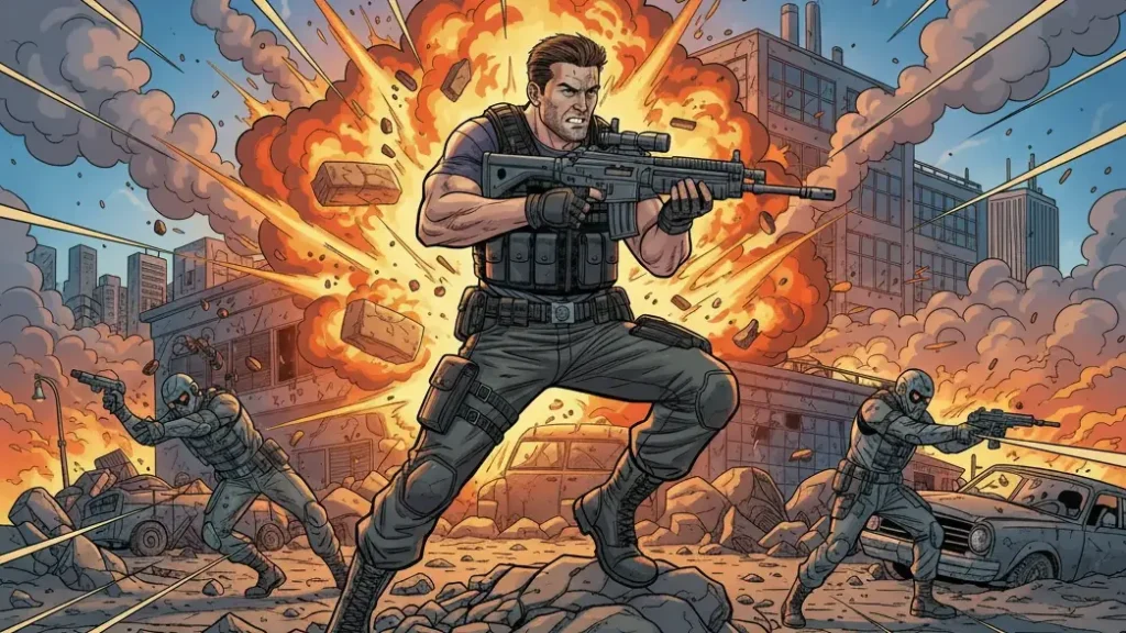 Comic-style illustration of an Action scene. A heavily-armed protagonist stands on rubble with a rifle, while explosions rock the city and two comrades advance in the background.