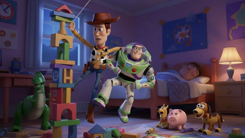 A photorealistic illustration of a scene from the Toy Story franchise. Woody and Buzz Lightyear stand heroically on wooden blocks while Rex, Ham, and Slinky look on, and a child sleeps in bed in the background.