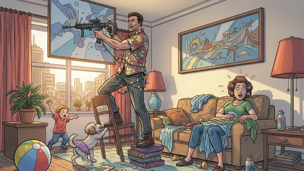 Comic-style illustration of a chaotic Comedy scene. A man stands on a stack of board games, tangled in lights, aiming a gun at a TV while a startled wife, a dog in a tutu, and a jumping child look on. Text reads "COMEDY".