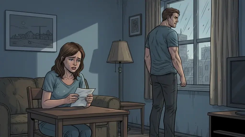 Comic-style illustration of a dramatic, emotional scene. A woman sits crying at a table, holding a letter, while a man stands with his back to her, looking out a window on a rainy day.