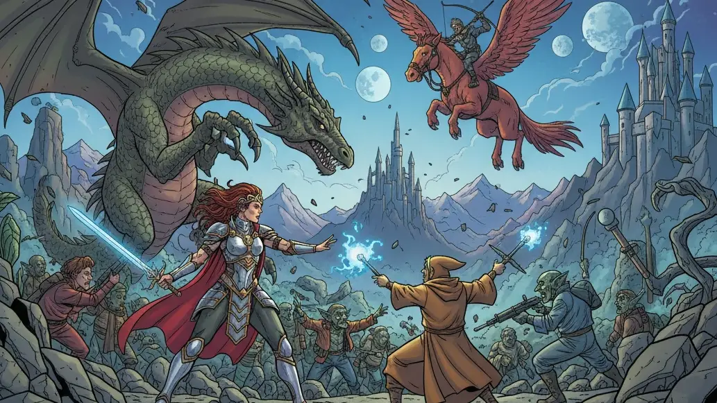 Comic-style illustration of a Fantasy battle. Warriors fight goblins in a magical landscape featuring a dragon, a wizard, a winged horse, and a distant castle.