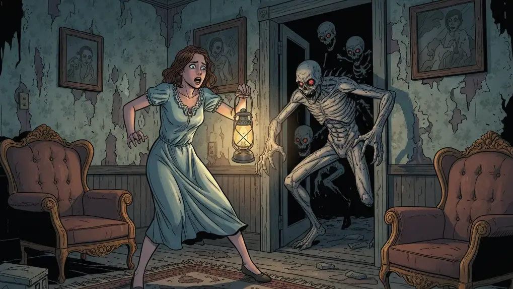 Comic-style illustration of a Horror scene. A woman with a lantern recoils in terror from a monstrous, skeletal figure emerging from a darkened doorway in a spooky, dilapidated room.