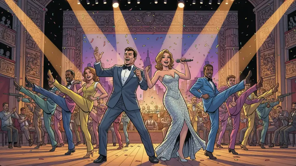 A colorful illustration of a Broadway-style musical performance. Dancers in formal attire perform high kicks on a stage bathed in spotlights and confetti, while a singer in a sparkling dress holds a microphone.