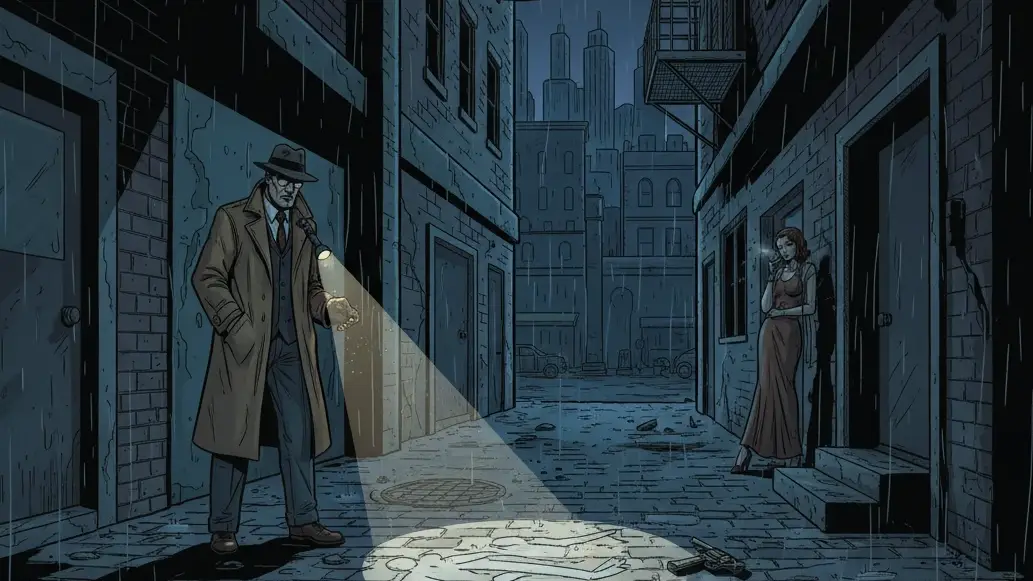 Comic-style illustration for Mystery and Crime. A detective in a trench coat shines a flashlight on a wet, shadowy alley, illuminating a dropped gun. A woman in a red dress waits in the background.