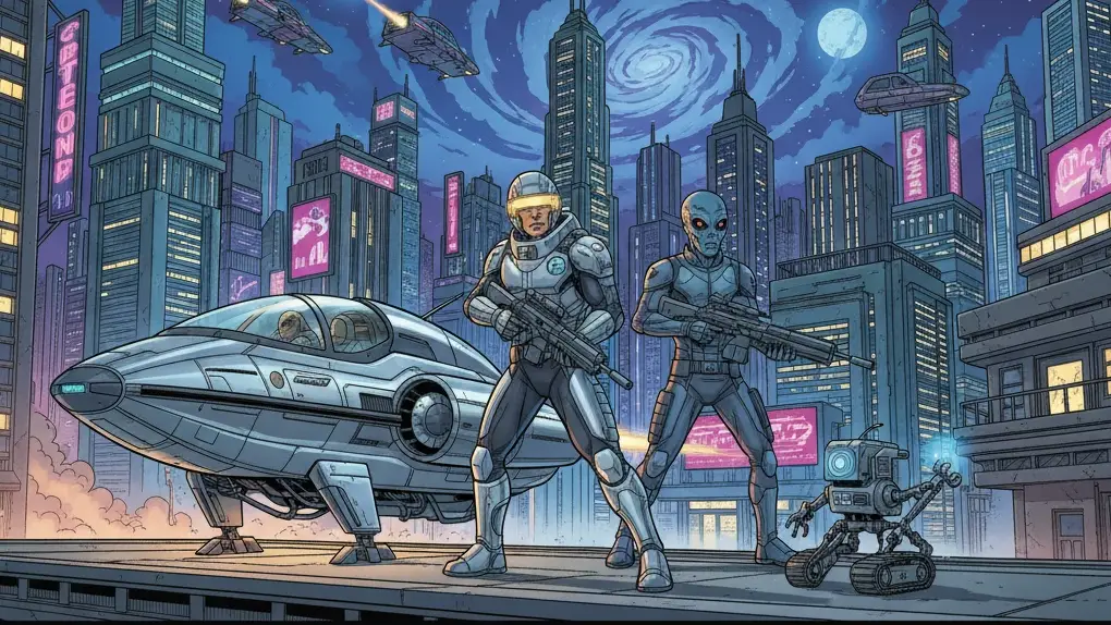 Comic-style illustration of a Sci-Fi scene. Two futuristic police officers, one human and one alien, stand guard next to a flying car in a towering, neon-lit cityscape at night.
