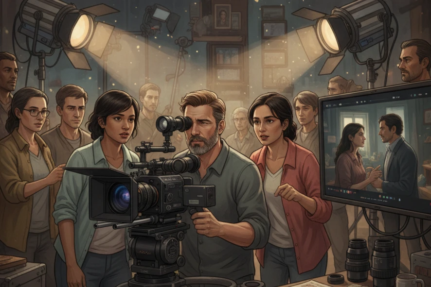 An illustration of a Cinematographer (Director of Photography) looking through the eyepiece of a large film camera on set, surrounded by attentive crew members and bright production lights. A monitor to the right shows the framed shot.
