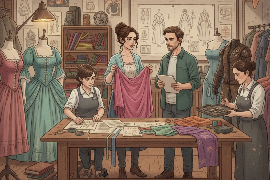 An illustration of a busy Costume Designer's studio. Two women and a man examine fabric swatches and sketches, surrounded by mannequins displaying elaborate historical dresses and armor.