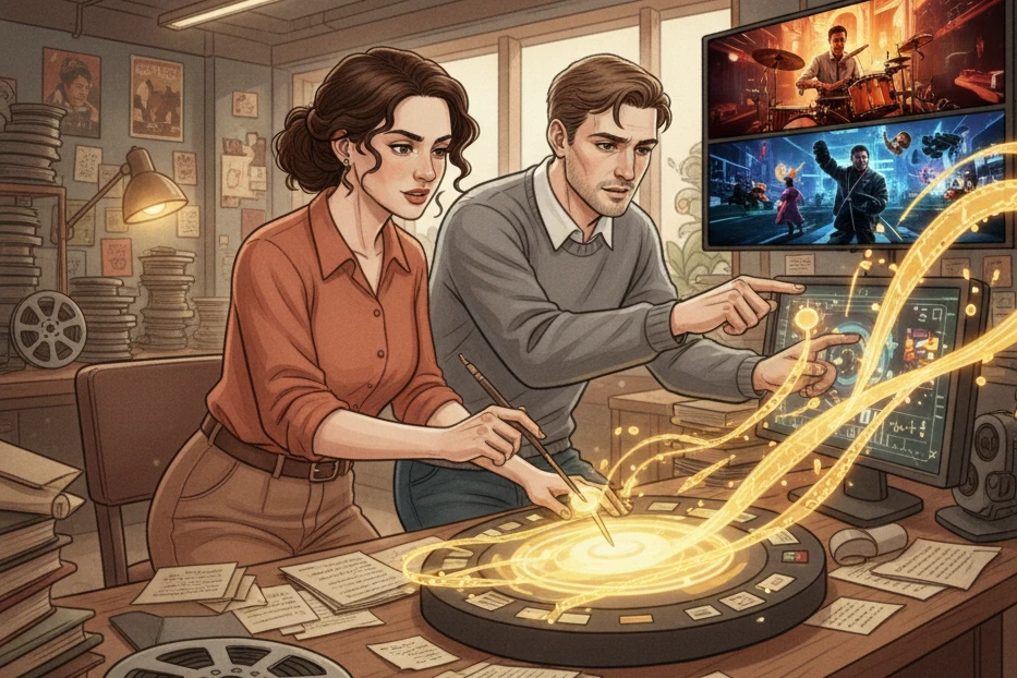 An illustration of two Editors working in a cluttered office, surrounded by film reels and papers. They lean over a glowing control panel, manipulating footage that is shown on split screens above.