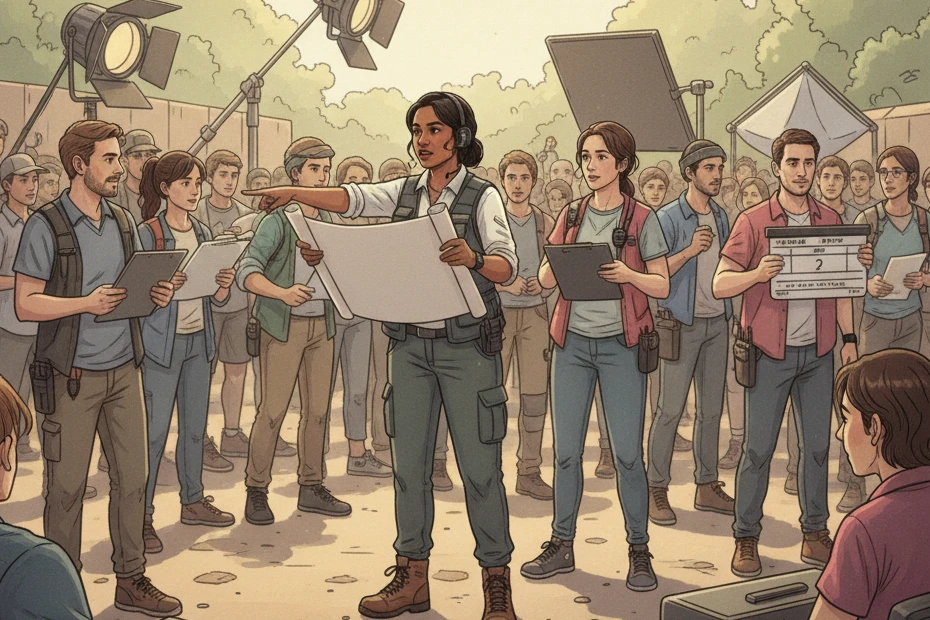 An illustration of a First Assistant Director (1st AD), a woman holding large production paperwork, directing a large group of cast and crew on an outdoor set. Another crew member holds a clapperboard.