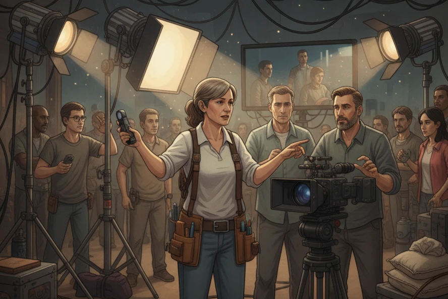 An illustration of a Gaffer, the head lighting technician, on a busy set. A woman in a utility vest holds a light meter and directs the camera and lighting crew.