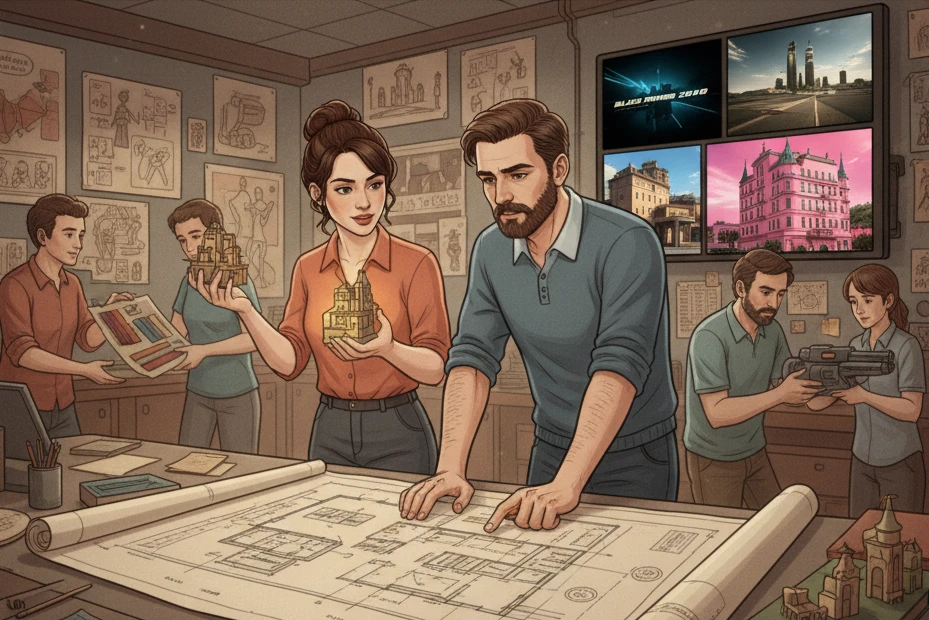 An illustration of a Production Designer's office, showing a team reviewing architectural blueprints and holding miniature building models. Monitors show concept art of cities and buildings.