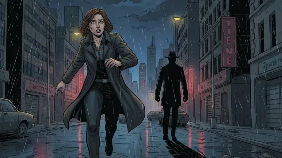 Comic-style illustration of Thriller and Suspense. A panicked woman runs down a dark, rainy city street, looking back at a silhouetted man following her.