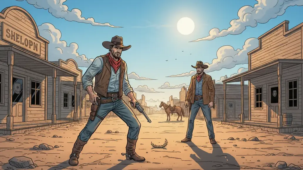 Comic-style illustration of a classic Western quickdraw. Two cowboys face off in the dusty street of an old town, guns drawn under a bright sun.