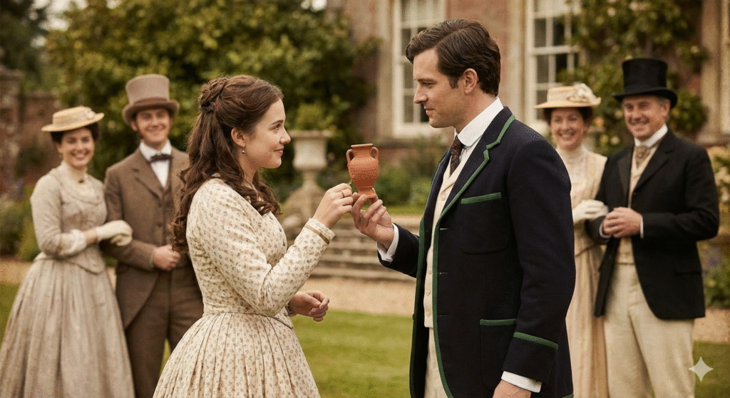 A historical photograph-style image of a woman in a Victorian dress presenting a small terracotta urn to a man in a cricket blazer at a garden estate.