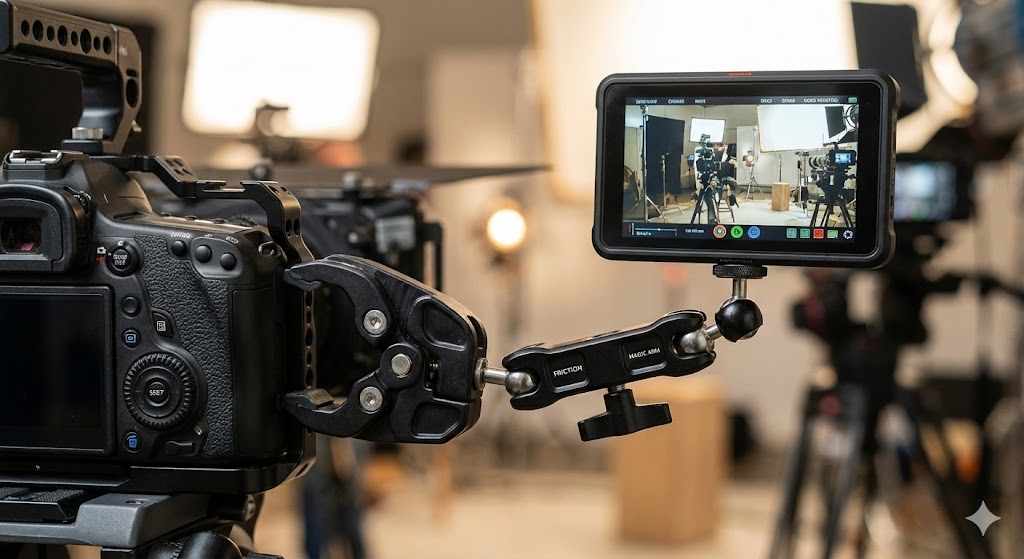 A black friction arm with a super clamp is attached to a camera cage, holding an external video monitor with a live feed of a film set.