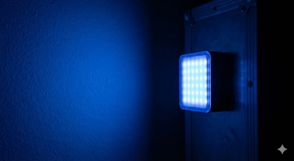 A small, square LED panel light casting a blue light onto a textured wall in a dark room.