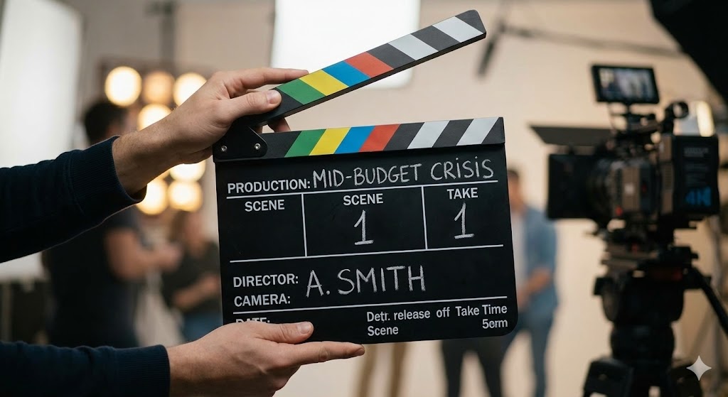 Hand holding a film slate (clapperboard) open on a video production set.